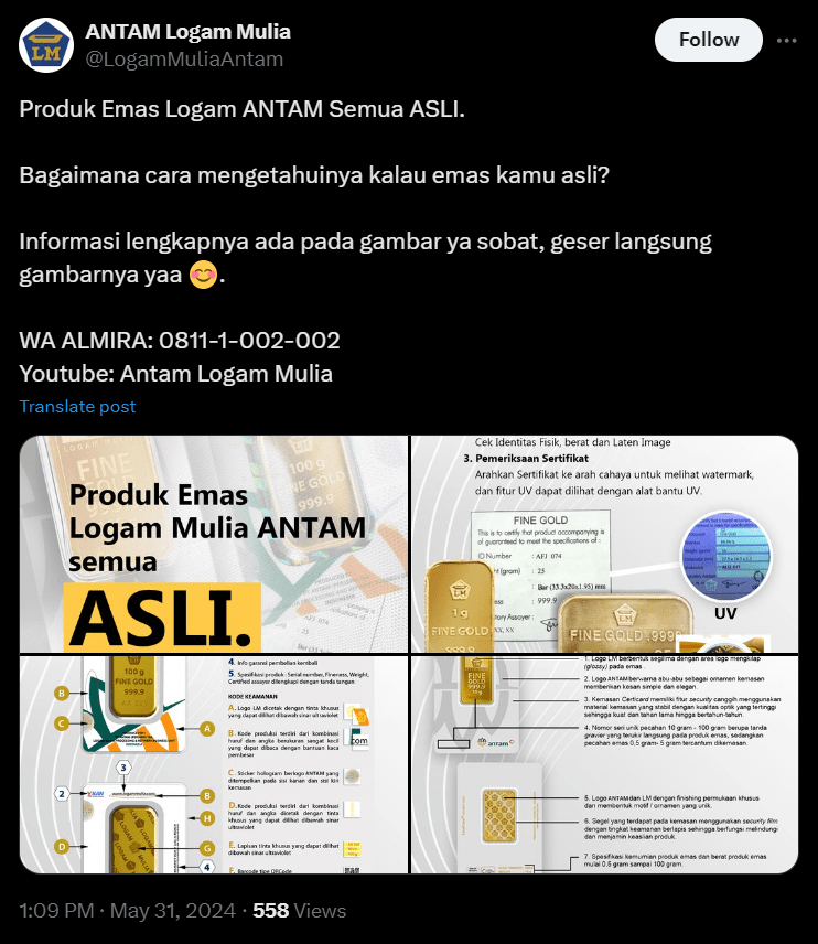 Klarifikasi Antam mengenai keaslian produk Antam di sosial media X